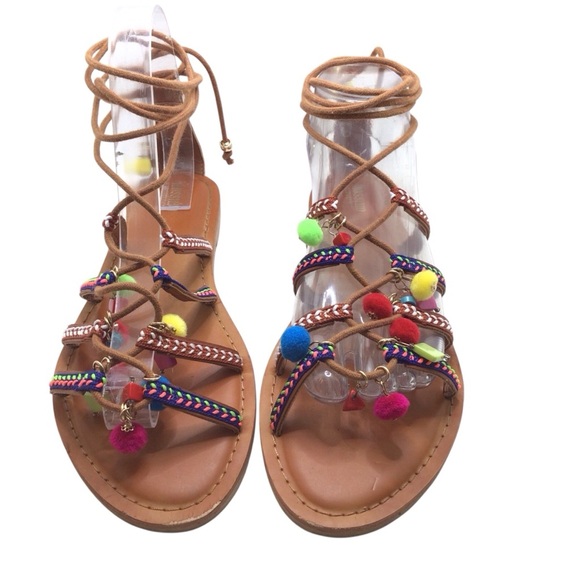 Mossimo Women’s Size 8.5 Gladiator Sandals Brown Boho Beaded Pom Pom Lace Up - Picture 2 of 12